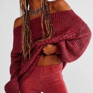 Free People Burgundy Off-the-Shoulder Sweater